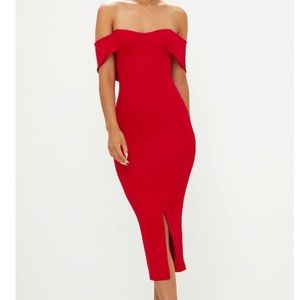 Red strapless Bardot dress